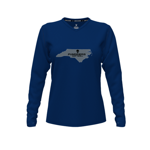 [CUS-DFW-TEES-CMF-VNK-LSL-NVY-FYXS-LOGO2] Decker Comfort T-Shirt (Female Youth XS, Navy, V Neck, Logo 2, Long Sleeve)