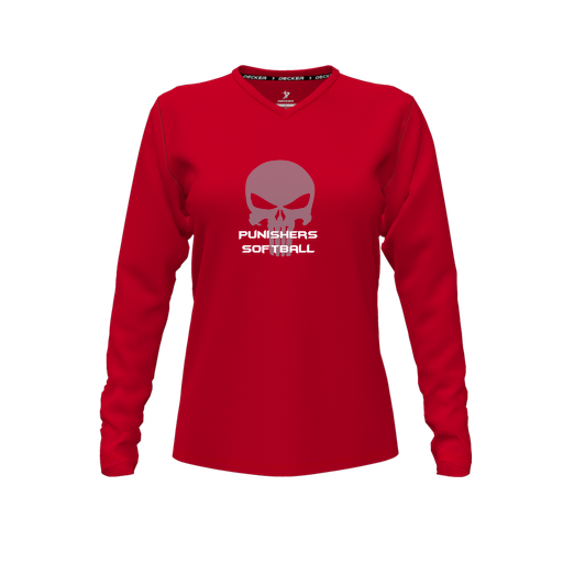 [CUS-DFW-TEES-CMF-VNK-LSL-RED-FYXS-LOGO1] Decker Comfort T-Shirt (Female Youth XS, Red, V Neck, Logo 1, Long Sleeve)