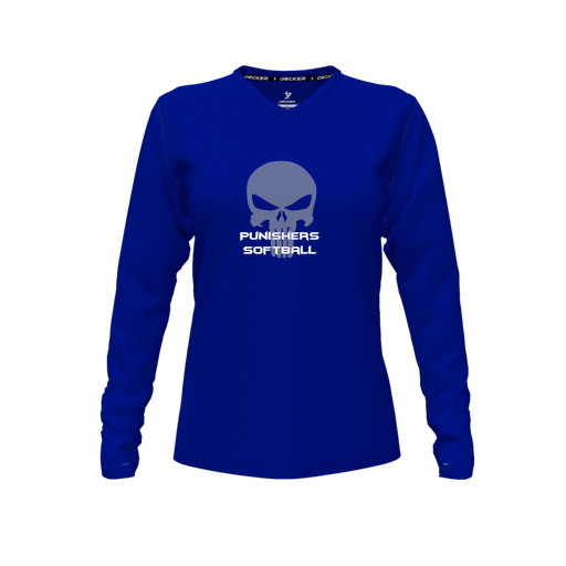 [CUS-DFW-TEES-PER-VNK-LSL-RYL-FYXS-LOGO1] Decker Performance T-Shirt (Female Youth XS, Royal, V Neck, Logo 1, Long Sleeve)
