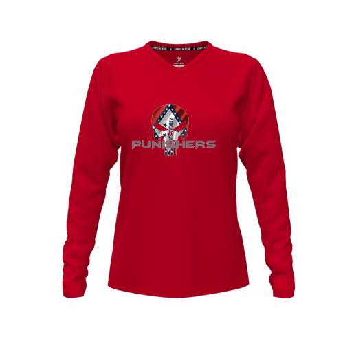 [CUS-DFW-TEES-PER-VNK-LSL-RED-FYXS-LOGO3] Decker Performance T-Shirt (Female Youth XS, Red, V Neck, Logo 3, Long Sleeve)