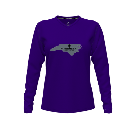 [CUS-DFW-TEES-PER-VNK-LSL-PUR-FYXS-LOGO2] Decker Performance T-Shirt (Female Youth XS, Purple, V Neck, Logo 2, Long Sleeve)